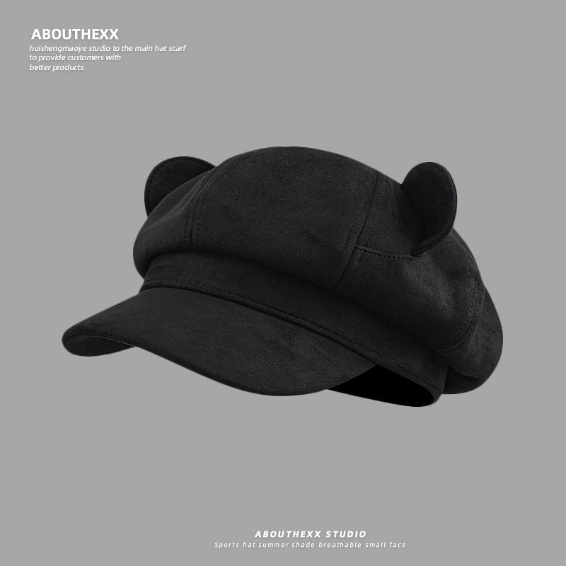 New Cute Little Bear Ear Hat Women's Suede Octagonal Hat  Looks Good On The Face In Autumn and Winter  Small and Versatile Beret Trend