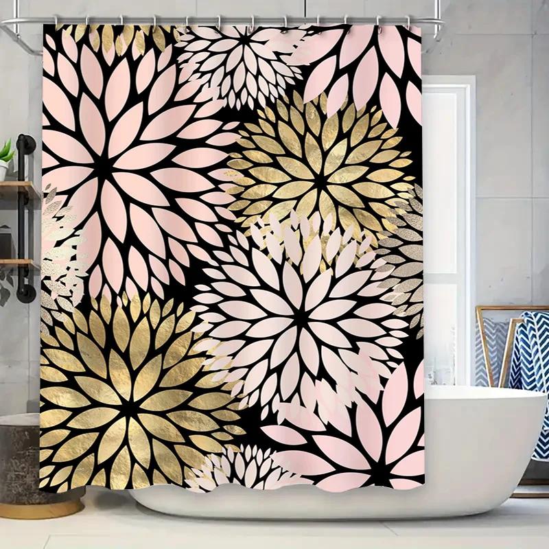 Gold Floral Shower Curtain Bathroom Decor Pink Black White Flower Pattern Waterproof Bath Mat Set Home Decoration W90xH180cm