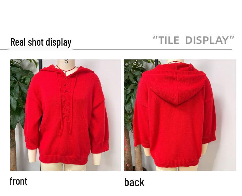 2026 Autumn/Winter Women's European & American Lace-up Hooded Sweater: Casual Loose Fit, Lazy Style Knitwear with Drop Shoulders