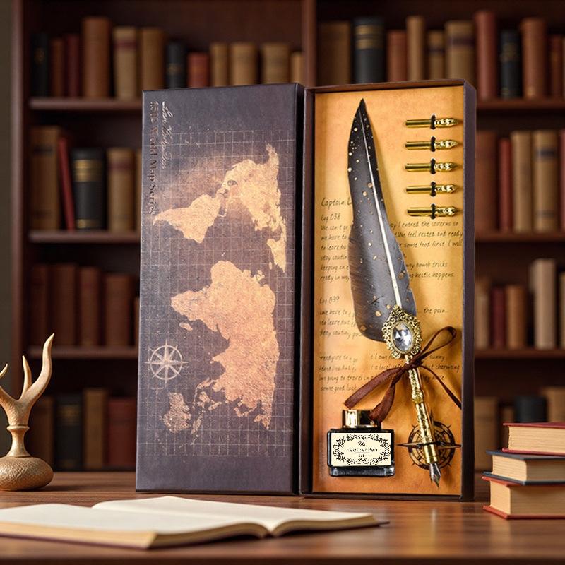 Retro Feather & Gemstone Fountain/Dip Pen Gift Set with Holder