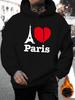 Paris Eiffel Tower Graphic Hoodie - Gray Long Sleeve Knit Sweatshirt with Drawstring