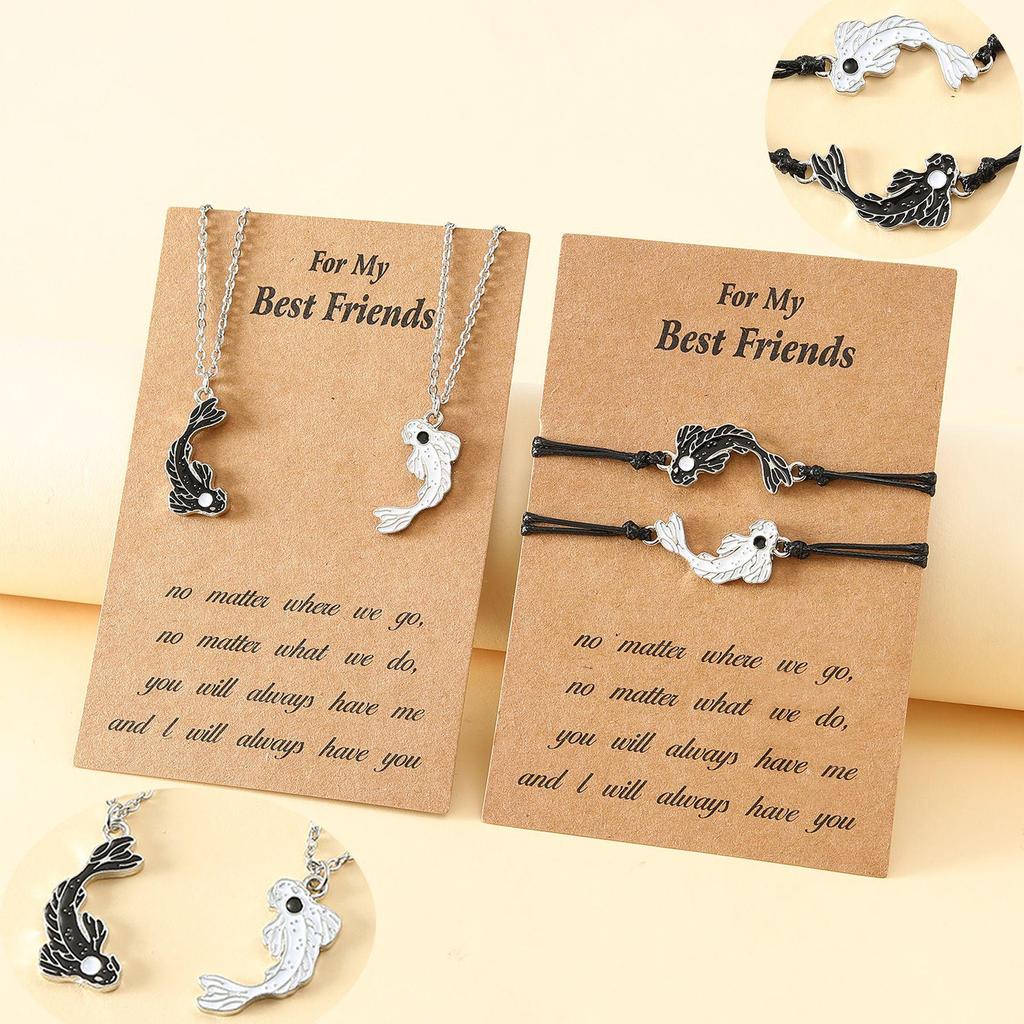 European & American Drip Oil Tai Chi Fish Best Friends Woven Bracelet & Necklace Set