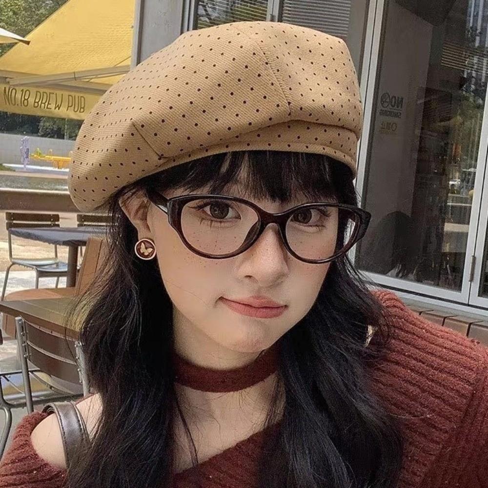 Korean Style Women Painter Hat Keep Warm Women Octagonal Cap Retro Polka Dot Beret Hat  Autumn