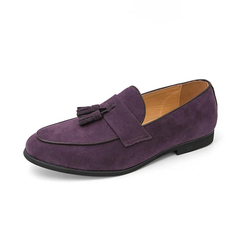 Fashion Brand Fashion Purple Dress Tassels Loafers Male Business Flats Office Casual Suede Leather Shoes Mens Comfortable Dress Shoes