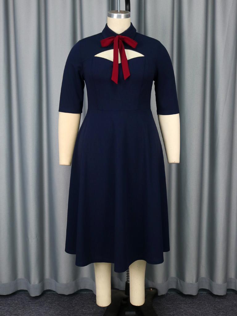 AOMEI Navy A Line Midi Dresses Short Sleeves Vintage 90s Outfits for Women Casual Work Wear