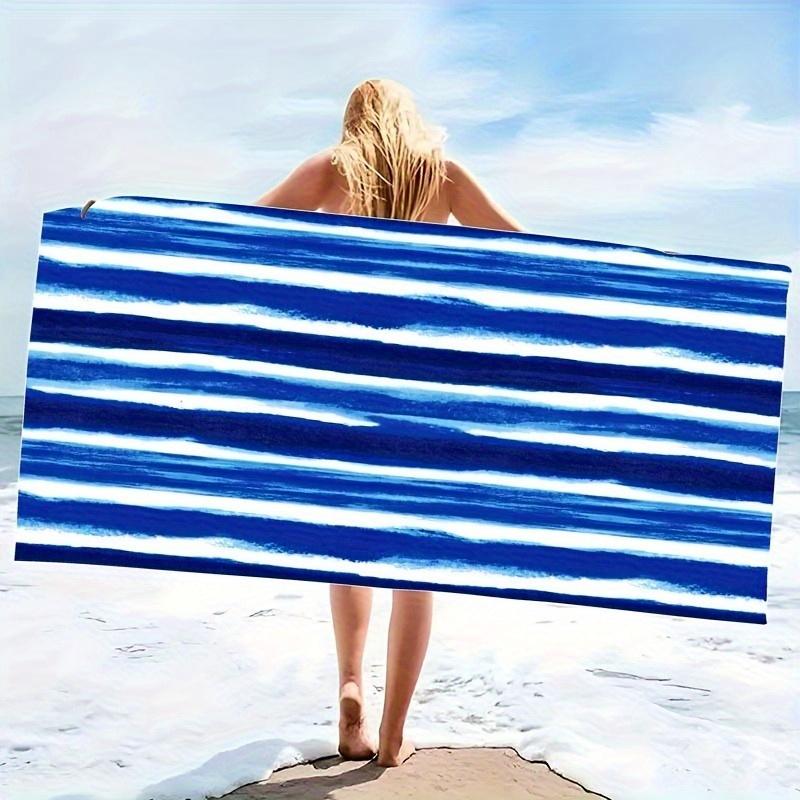 Large Blue White Striped Quick-Drying Beach Towel, Polyester Sand Sun Protection for Surfing Yoga W30*H60(CM)