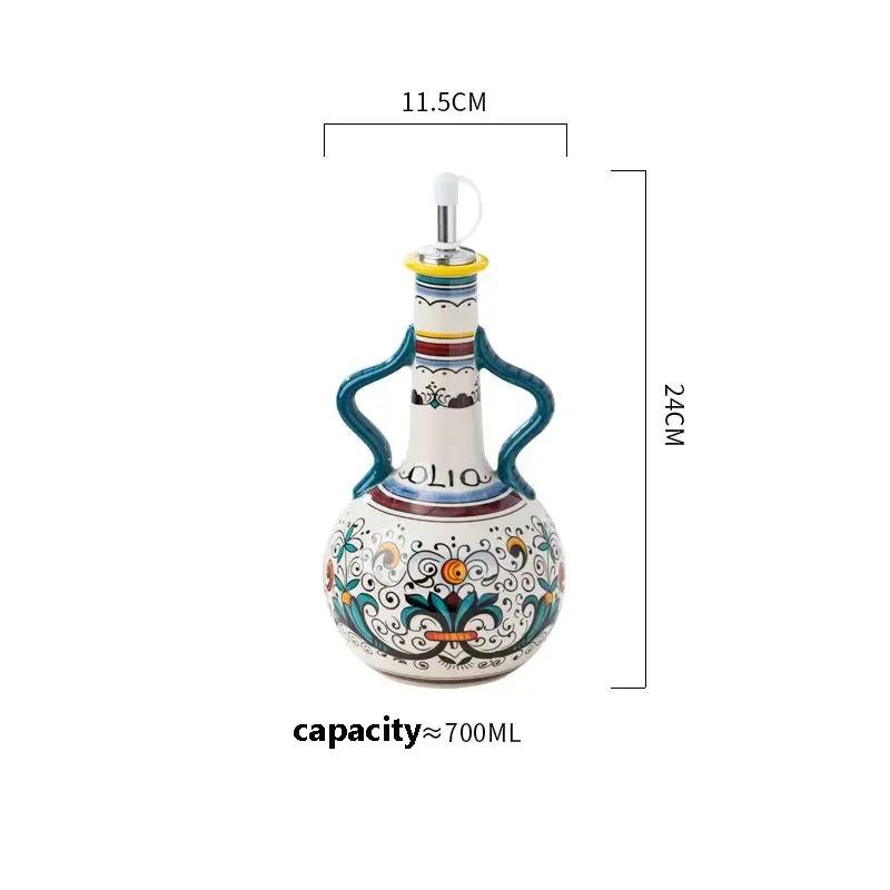 700ml Hand-Painted Ceramic Olive Oil Dispenser, Mediterranean Style Drip-Free Cruet with Handle, Artisanal Vinegar Bottle