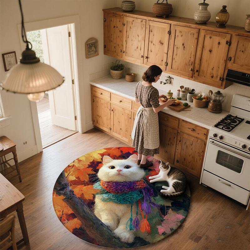 Cat with Leaf Scarf,Round Area Rug,Carpet Rug for Living Room Bedroom Sofa Playroom Decor,Non-slip Floor Mat