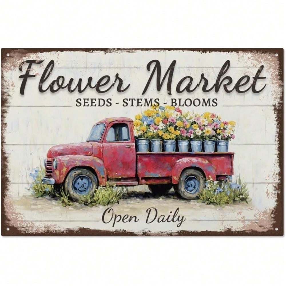 

Rustic Floral Market Metal Plaque, Vintage Open Daily Flower Truck Decor, Home Art Accent for Gardener & Farmhouse Fans 20x30cm（7.8x11.8inch）