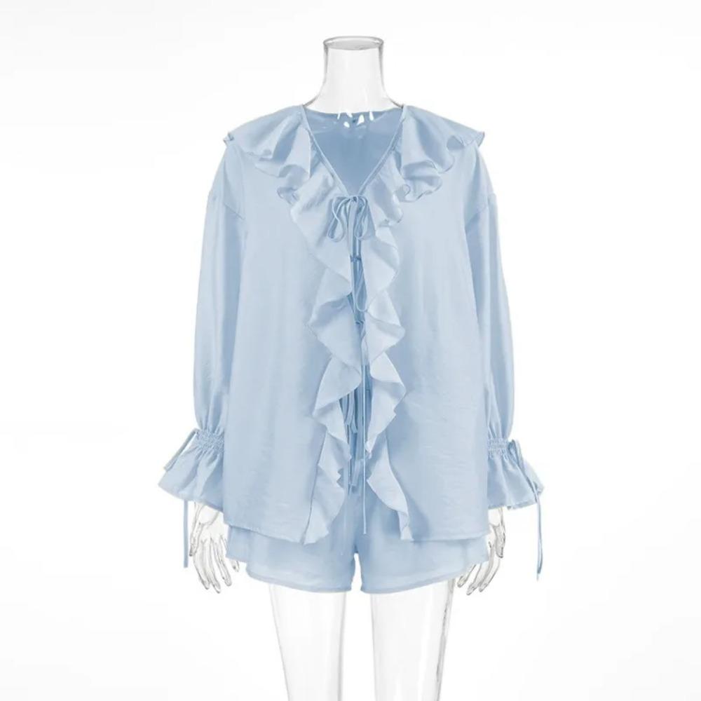 VAYLA New Casual Shorts Two-piece Set Women's Ruffled Loose Tie Top Simple Shorts Set Office Lady Female Shorts Set