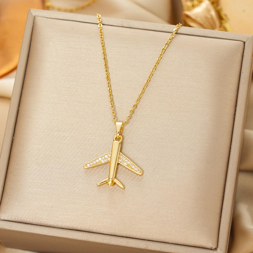 

Stainless steel niche design plated 18K gold airplane pendant necklace for women золотистий