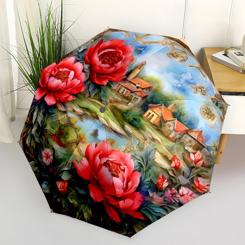 

1pc Peony Landscape Automatic Open/Close Umbrella - Portable Collapsible Umbrella with 8-Rib Stability, Fashion Lovers yy251017197