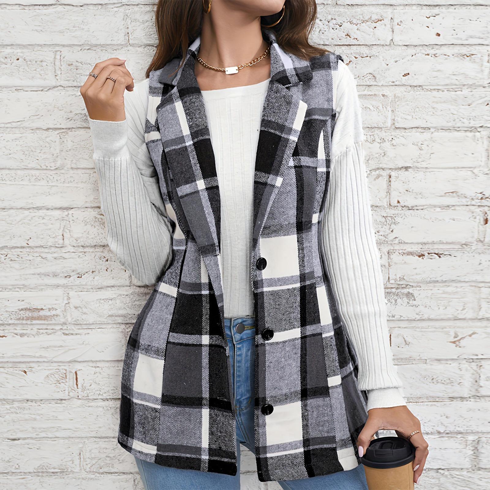 

Ladies Plaid Fashion Women s Clothing Lapel Suit Vest Plaid Top Jacket L