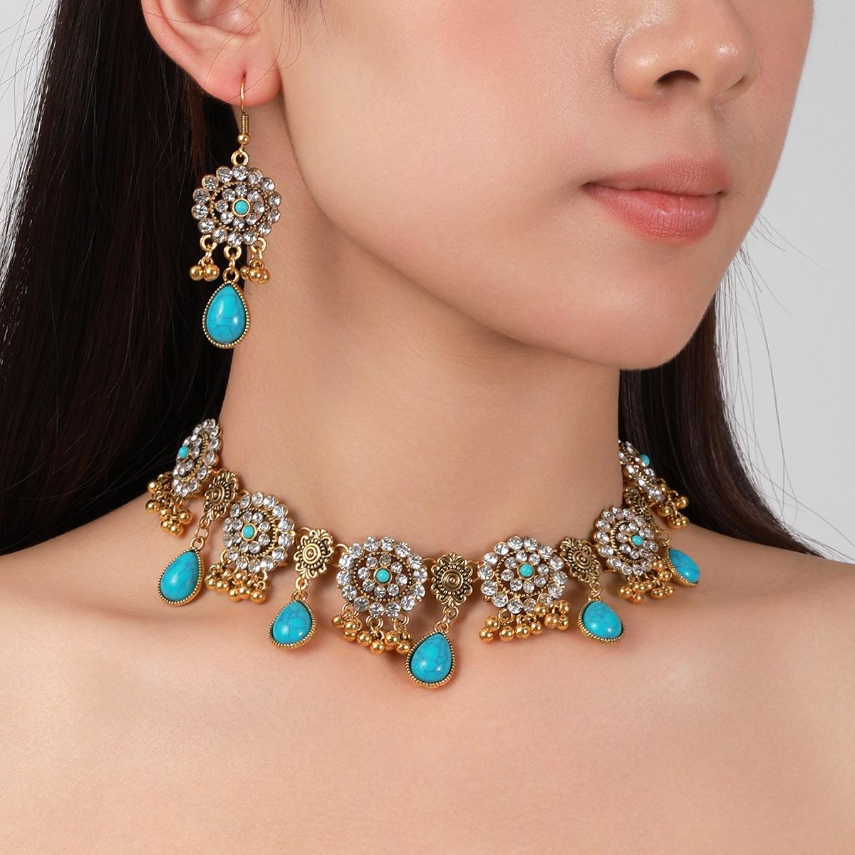 Bohemian Turquoise Water Drop Diamond Necklace & Earring Set Other