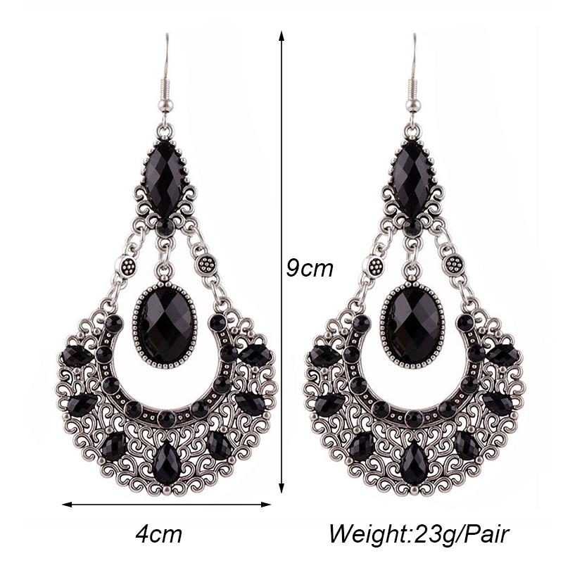 Vintage Palace Style Rhinestone Water Drop Earrings for Women Temperament Hollow Carved Silver Color Metal Earring Femme Jewelry