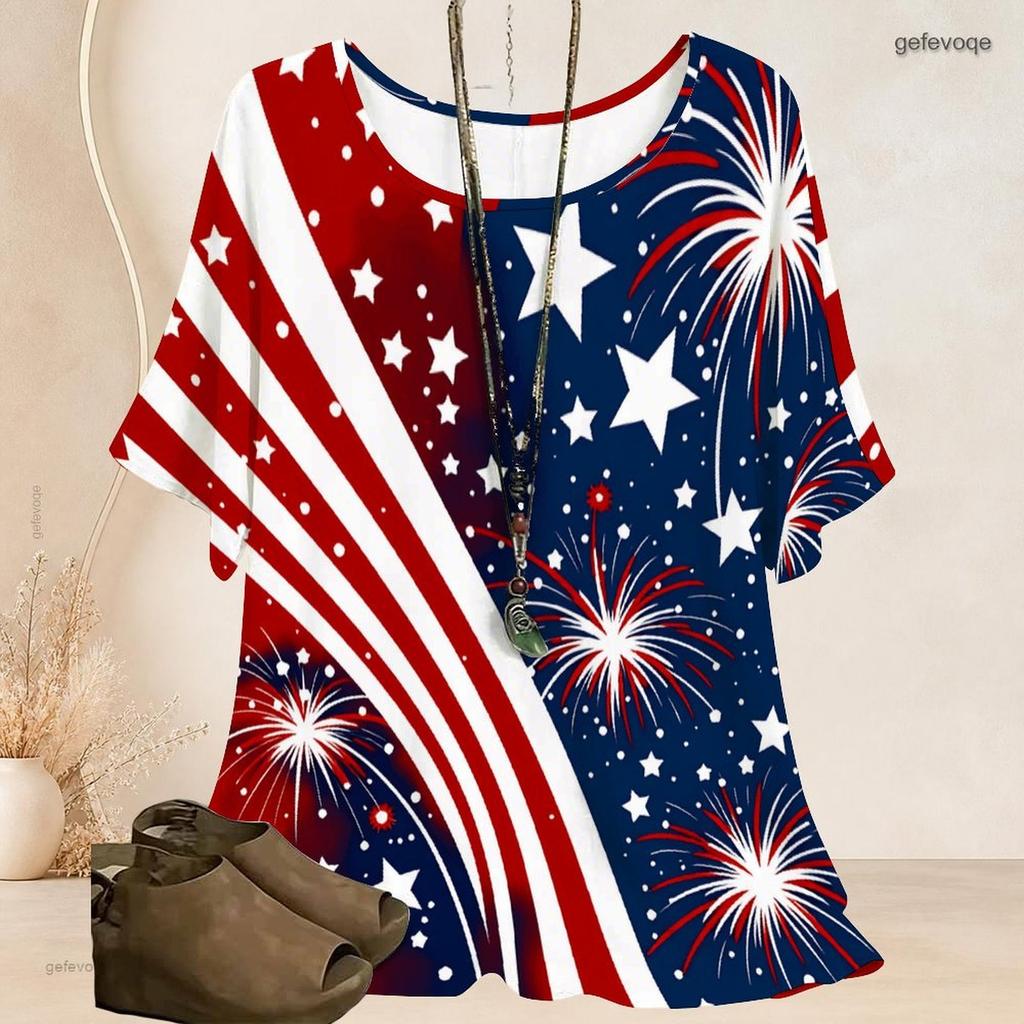 Women Plus Size Round Neck Batwing Short Sleeve Loose Gradient Printed Top