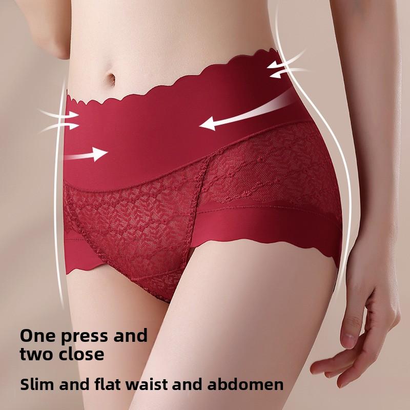 Ladies Spring and Summer Sexy Lace High Waist Belly Not Roll Edge No Mark Mulberry Silk Anti  Antibacterial Briefs