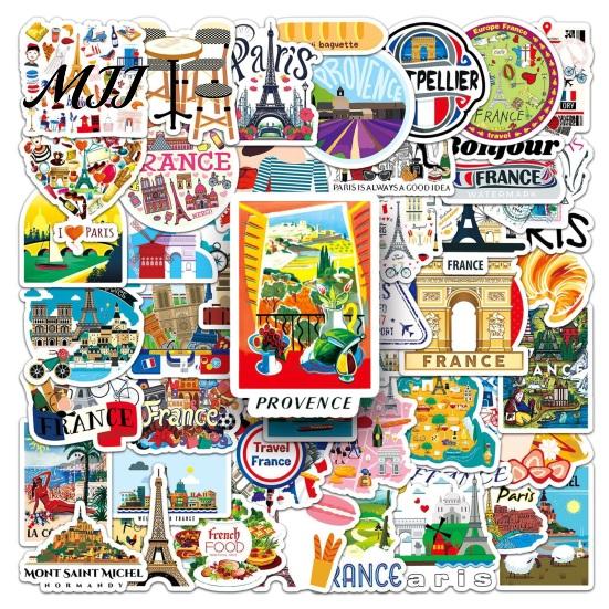 DIY Hand Boek Decoratie Benodigdheden 50 Stuks Frankrijk Reis Stickers, Franse Bezienswaardigheden Vinyl Decals, Peel and Stick Vintage Bezienswaardigheden Patronen voor