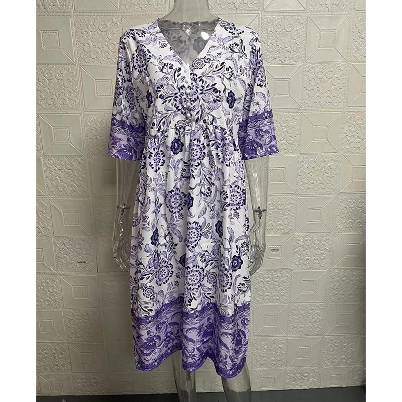 Summer Short Sleeve Print Floral Women's Dress Plus Size Fashion V Neck Elegant Loose Casual Dress Lady Vintage Sexy Club Dresses Female Clothes 25030