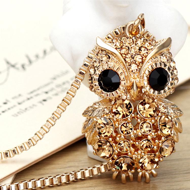 Rhinestone Owl Sweater Chain Long Necklace for Women Vintage Animal Pendant Jewelry