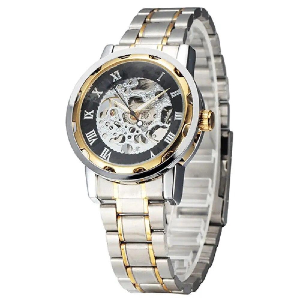 Men Skeleton Roman Numerals Hollow Dial Stainless Steel Band Mechanical Watch Fashion Men's Business Watch