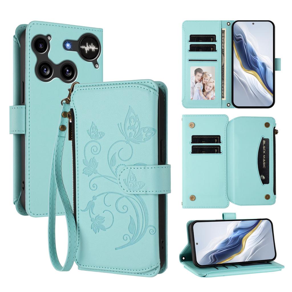 For Nothing Phone (3) 5G Leather Case Butterfly Floral Imprint Zipper Wallet Stand Cover with Wrist Strap