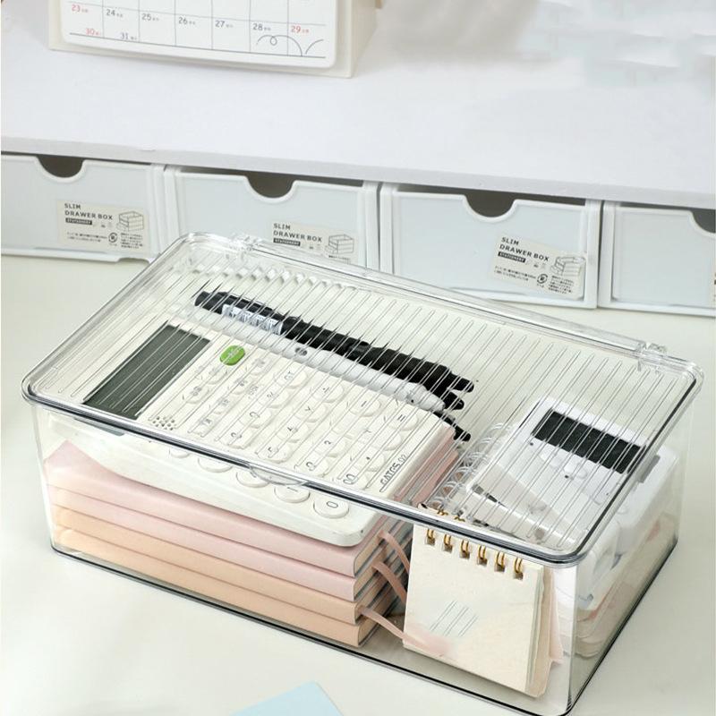 Multi Tier Clear Storage Box With Lid Stackable Desktop Organizer For Office Documents Books And Small Household Items