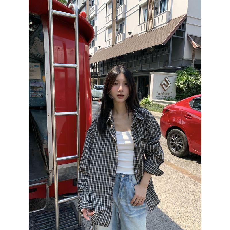 Kumikumi Idle Style Plaid Lapel Long Sleeve Shirts Women Clothes Autumn Casual Loose Mid-Length Shirt Outerwear