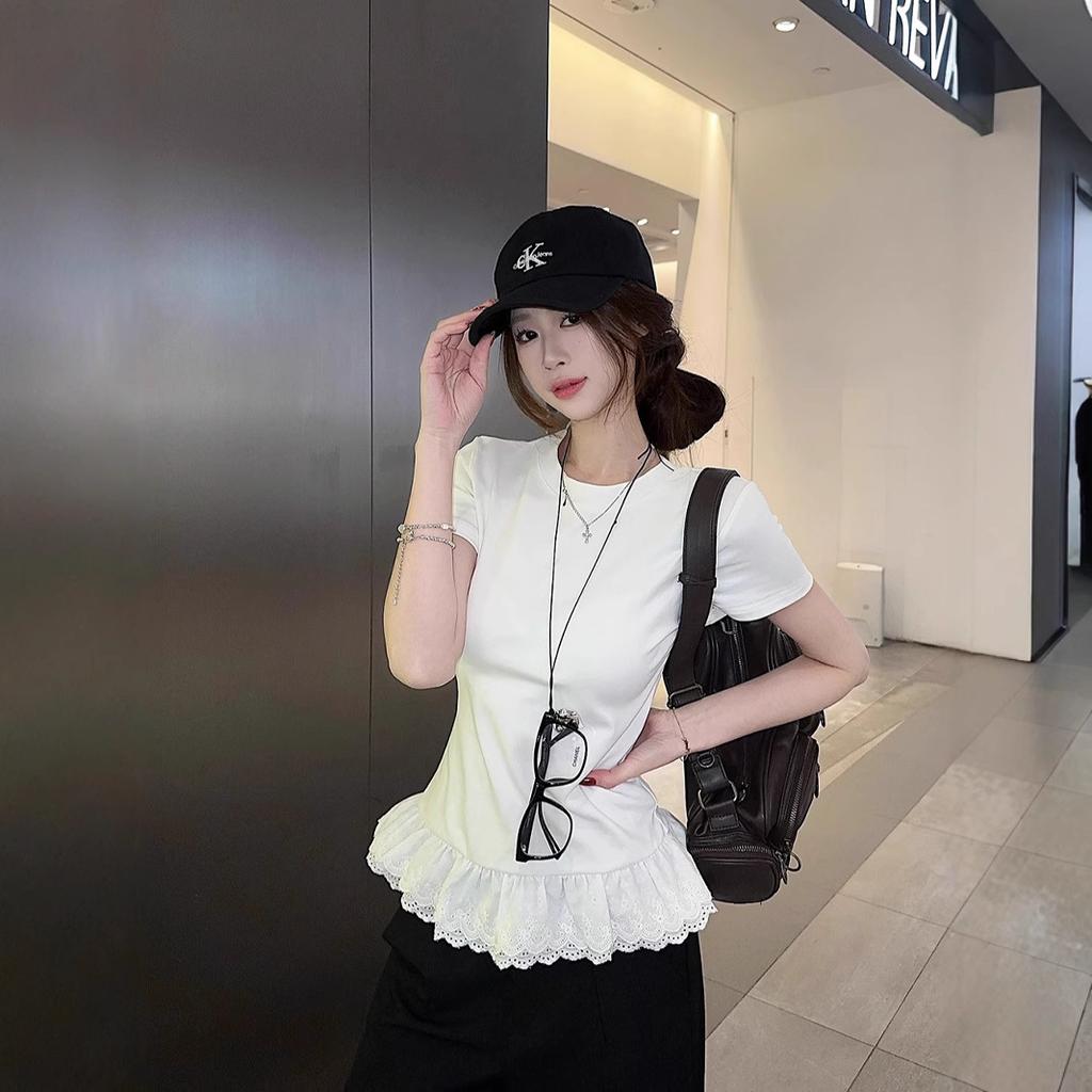 Gentle and Sweet Girl Style Design Sense Lace Splicing Short-sleeved T-shirt Women's Summer Slim and Thin Student Tops Trendy