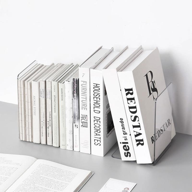 2 Pcs L-Shaped Transparent Book Ends Fall-resistant Acrylic Book Ends Clear Acrylic Bookends for Shelves Organizer