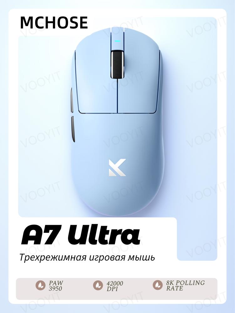 

Беспроводная киберспортивная игровая мышь MCHOSE A7 Ultra, Беспроводная/проводная двойная частота опроса 8K, 42000 DPI, Оптический сенсор PAW3950, 59 г, 5 программируемых кнопок синий