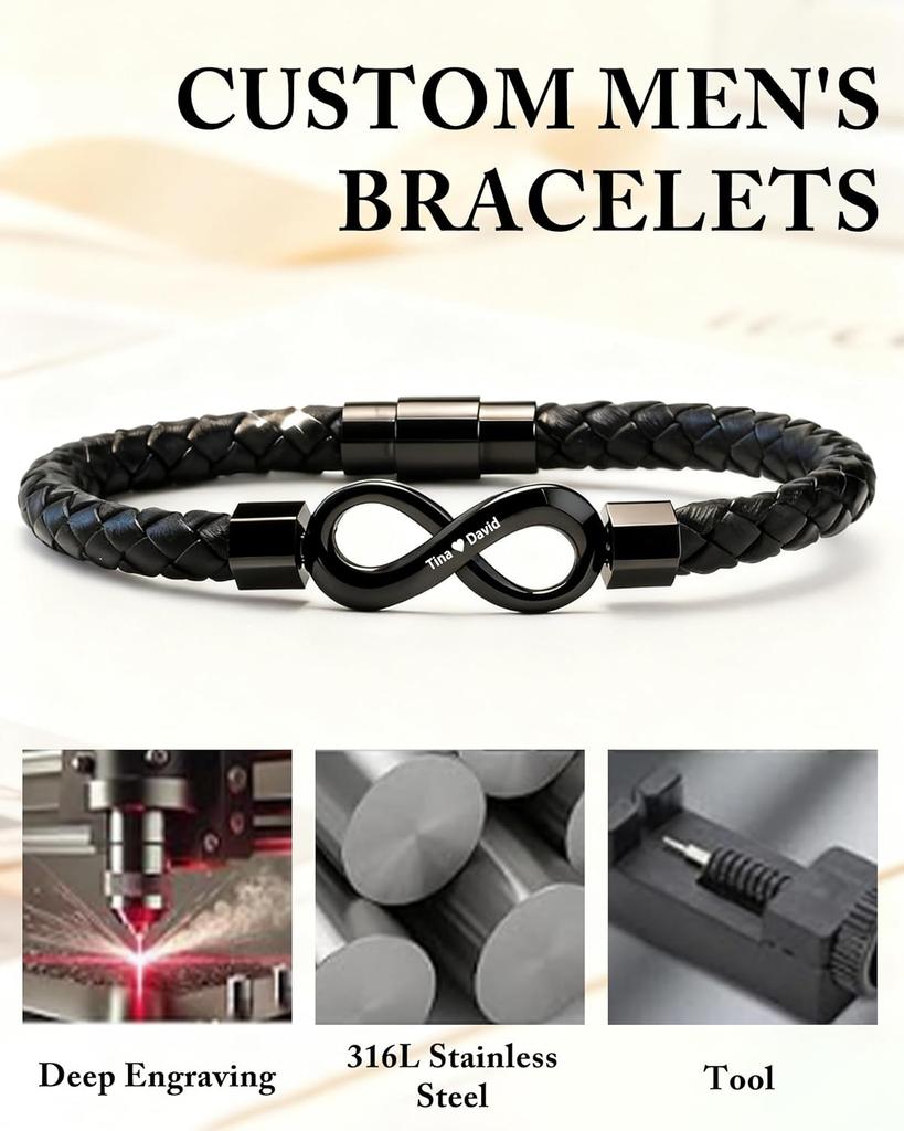 To My Man,Personalized Dual Name Infinity Leather Bracelet,Custom Name Stainless Steel Bracelet Valentine Christmas Gift for Him