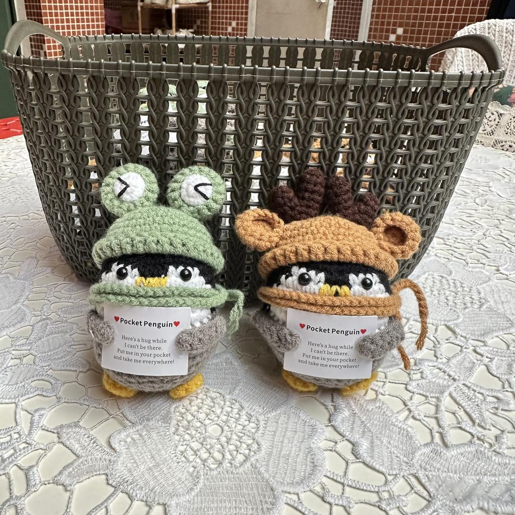 Finished Handmade Cotton Wool Frog Hat Reindeer Hat Penguin Doll Crochet Keychain