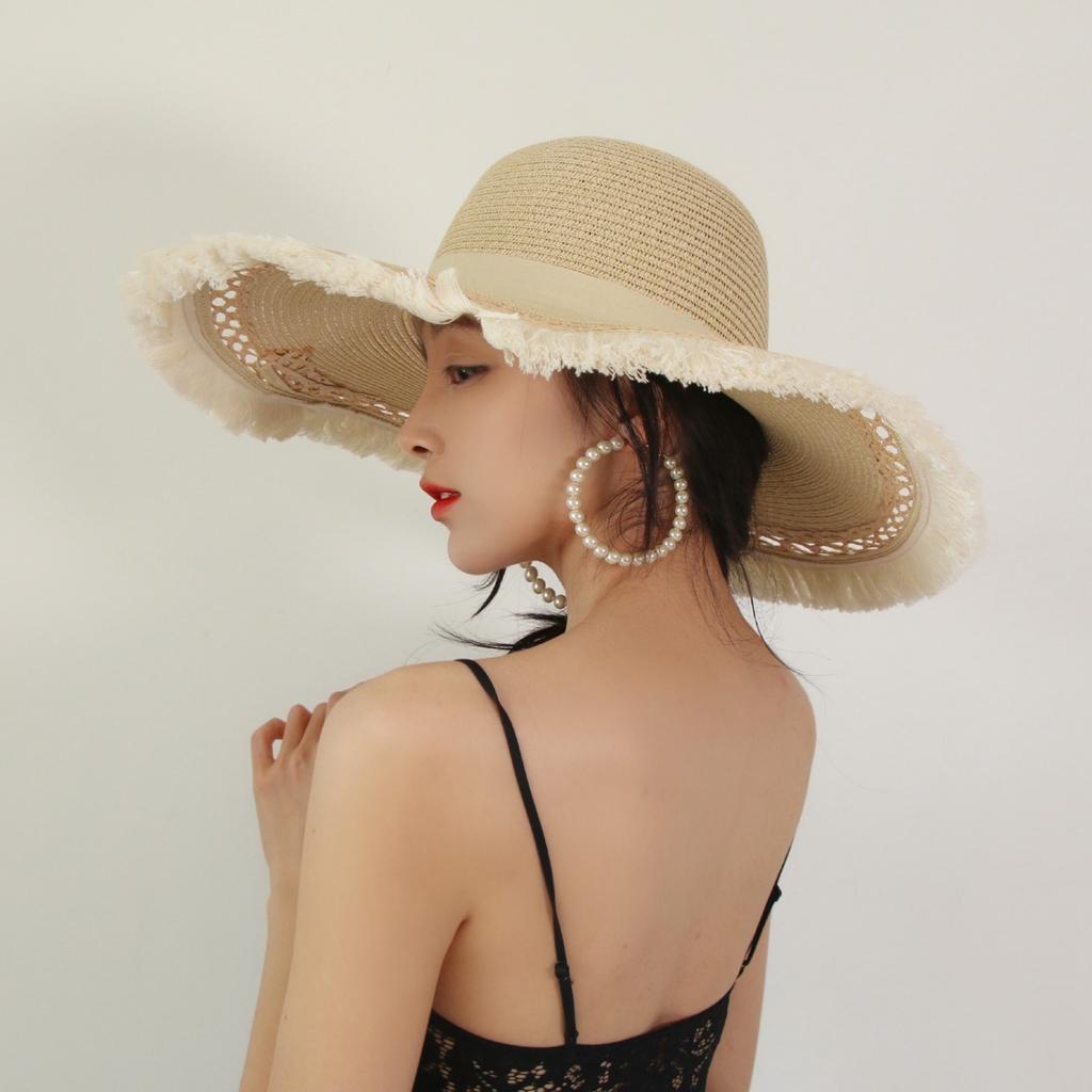 Korean Version Tassel big Brimmed Straw Hat, Summer Seaside Vacation Beach Hat, Hollowed Out Design, Sun Hat, Trendy Hat