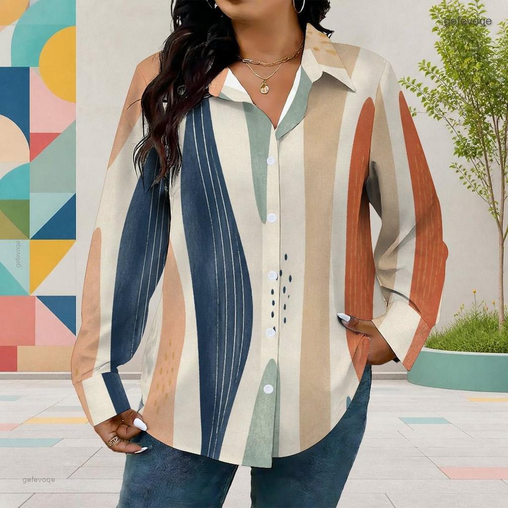 Women Plus Size Printed Collared Long Sleeve Shirt Button Front Curved Hem Pink Black White Gray