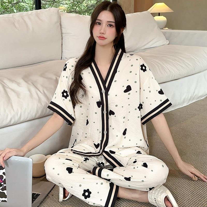 Summer short-sleeved bubble cotton yarn pleated pajamas female Internet celebrities popular trousers loungewear set