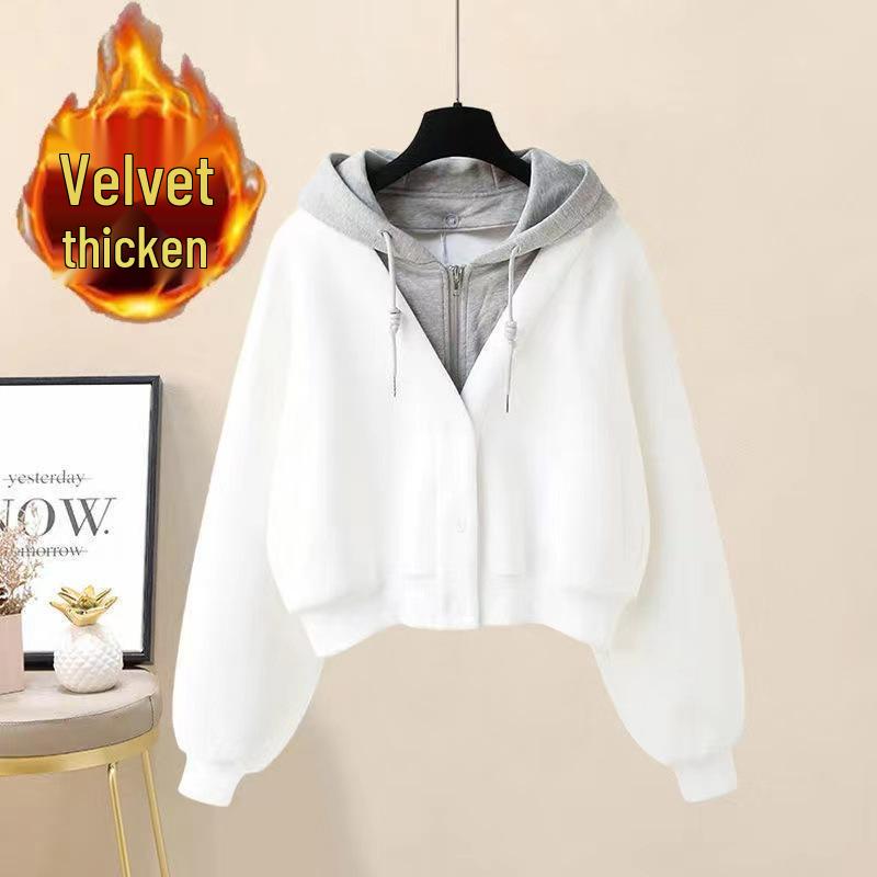 

Европейская осенне-зимняя толстовка с капюшоном на флисовой подкладке: Трендовый 2025, Приталенный, Имитация двойки для старшеклассников S белый