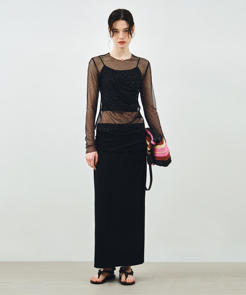 MONGDOL Foldable Banding Long Skirt Black Mdsk034Black