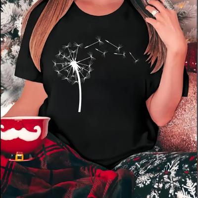 Women's Fashionable Dandelion Print T-Shirt - Casual Round Neck Short Sleeve, Comfortable Blend, Ideal for Summer Outings & Rela