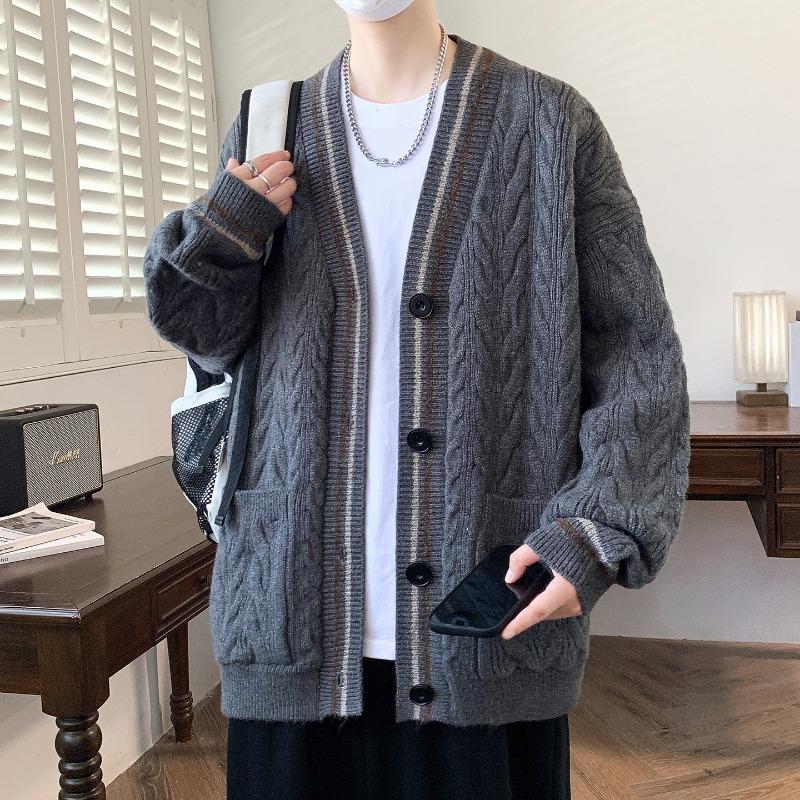 Autumn and Winter College Style Cardigan Sweater Jacket Men's Loose Knitted Threaded Top