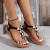 Large size flat bohemian style sandals summer beaded hollow beach going out women's shoes