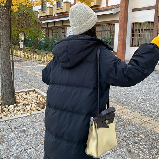 Winter Down Coat Thickened Padded Hooded Stand Collar Over Knee Length Pockets Zipper Closure Windproof Heat Retention Warm Outwear Cotton Jacket