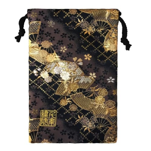 Senshishuin Nishijin Brocade Drawstring Bag (Lined) with Smoky Fan Cherry Blossom Design, Medium Size