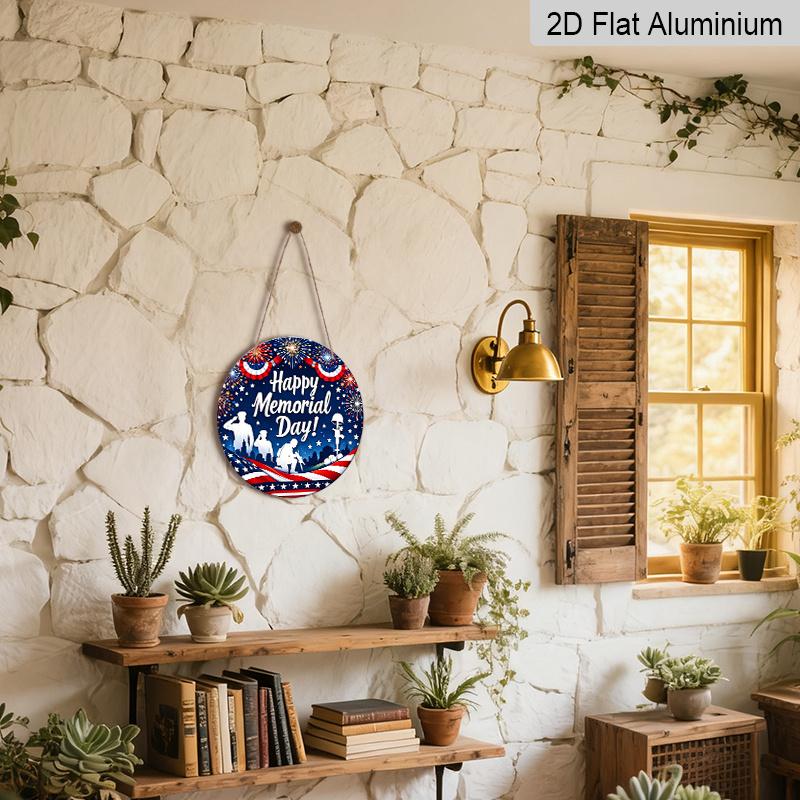 2D Flat, 1pc Round Happy Memorial Day Aluminum Hanging Sign, Patriotic US Soldier Silhouette Firework Flag Design, Weatherproof Metal Wall Decor