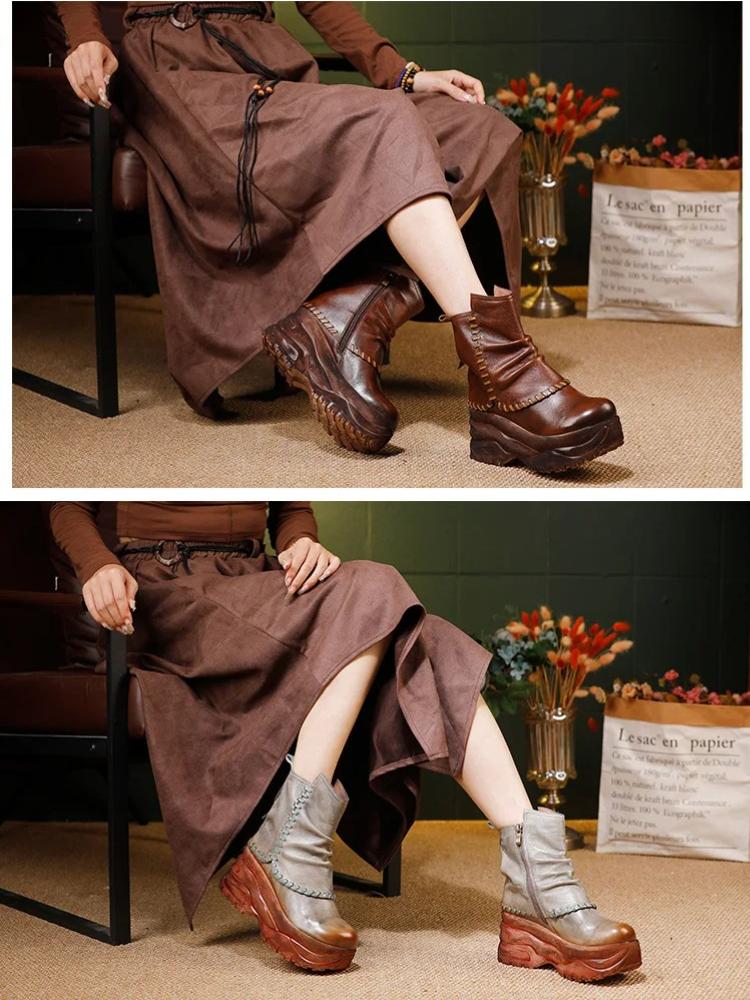 Johnature Women's Platform Shoes Genuine Leather Thick Soled Comfortable Versatile Retro Wedges Short Boots
