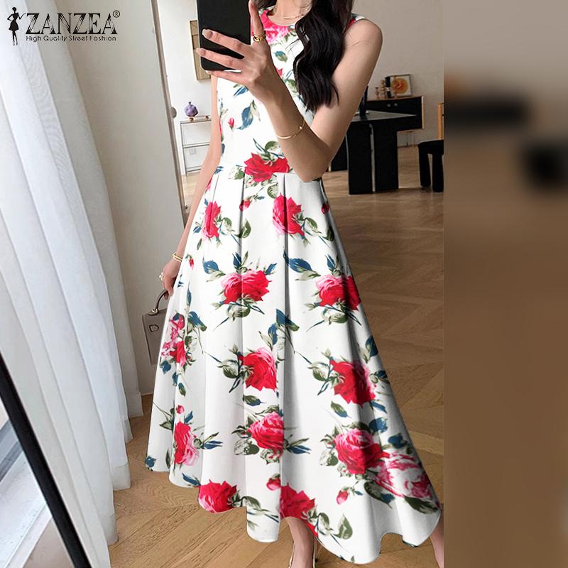 ZANZEA Women Summer Round Neck Casual Floral Print Sleeveless Dress