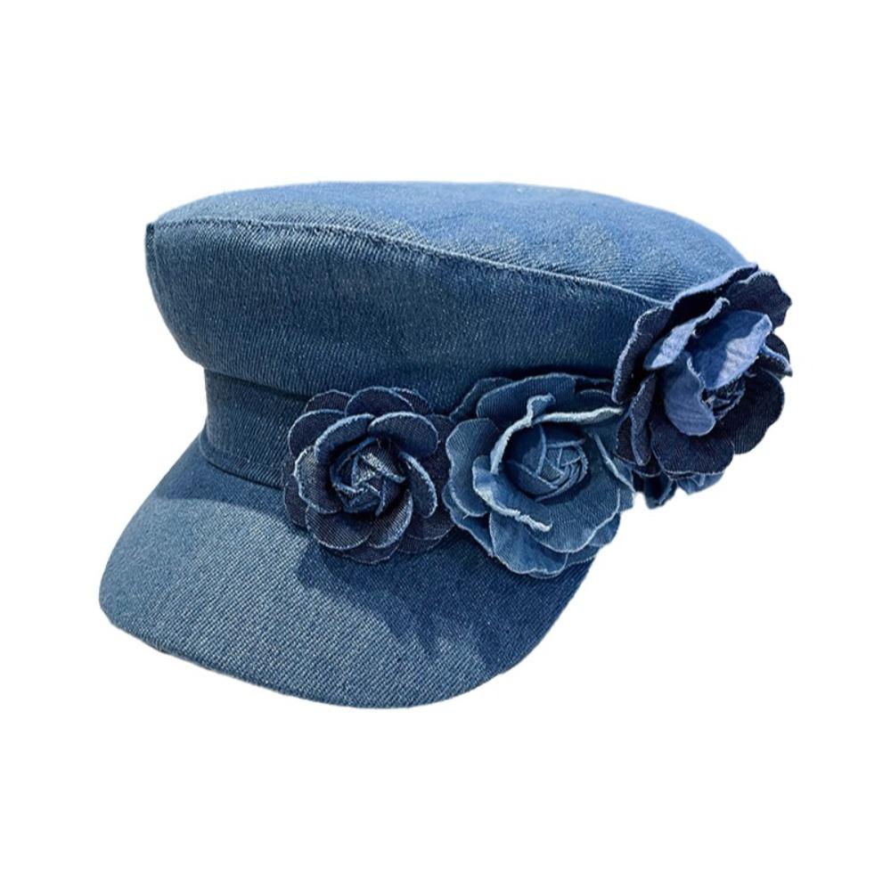 Adjustable Flower Flat Top Hat Artistic Painter Caps Trendy Denim Camellia Beret Hat  Travel