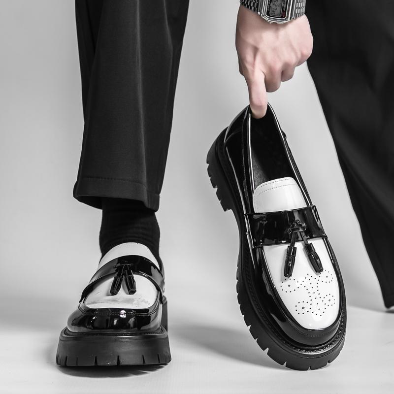 Brand Fashion Men's White and Black Contrasting Set Foot Tassel Leather Shoes Spring New Thick Bottom Round Head Leather Shoes