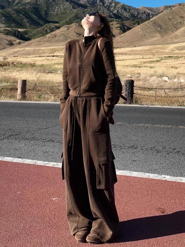 Dámská podzimní 2025 zeštíhlující módní mikina a cargo kalhoty streetwear set