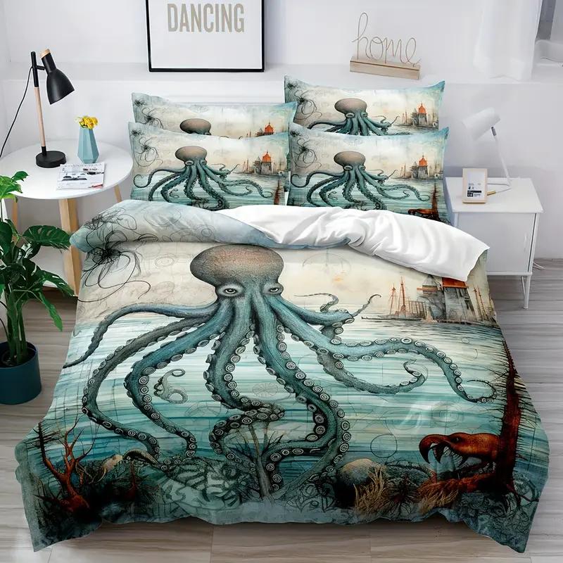 Vintage Octopus Duvet Cover Set, Nautical Sea Life Print Quilt Cover, Soft Comfortable Breathable Bedding Set For Home Decor